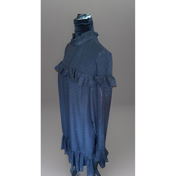 Betsey Johnson Black Rainbow Clip Dot Ruffled Dress High Neck Sheer Size 10 Midi - Picture 4 of 12